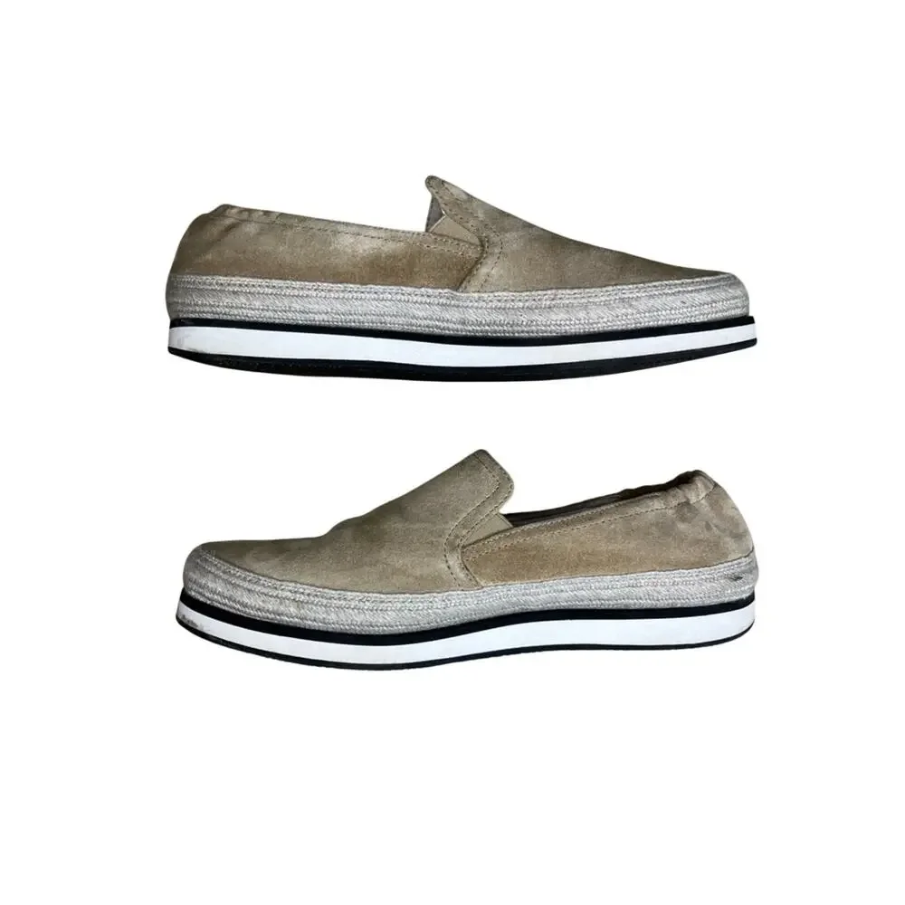 PRADA Saint Tropez Espadrille Slip On Platform Sneakers Tan Suede Size 7.5
